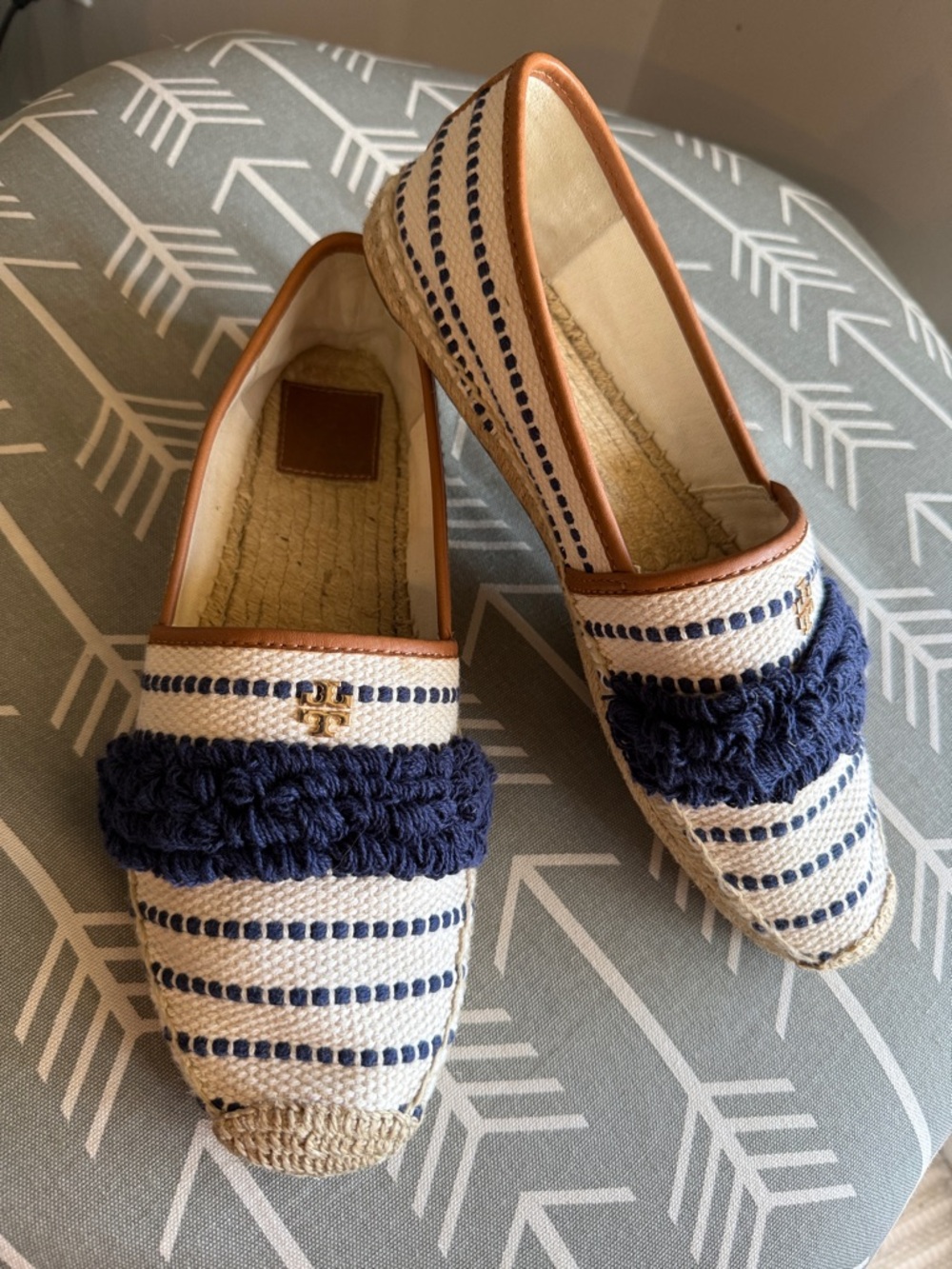 Tory Burch Ladies 11M Shaw Fringe Navy & Cream Striped Espadrille Flats